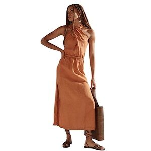 Anthropologie Cloth & Stone Linen Cross-Halter Maxi Dress size XS